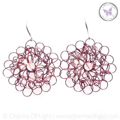 Copper Wire Crochet Medallion Earrings With Clear Quartz (Burgundy)